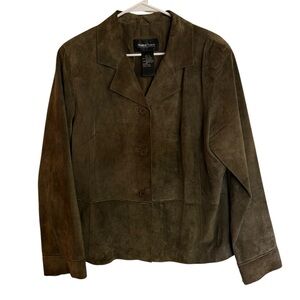 Vintage 100% Genuine Leather Olive Green Button Down Suede Jacket Size X-Large